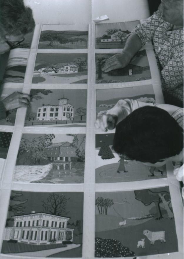 120 volunteers made the three quilts. Pictured here are (l to r) Nancy Williams, Doris Stearns, Natalie Keller. All images are from Farmington Scrapbooks V. 3: Farmington Quilts and were scanned and edited by Jerusha Neely, November 2024.