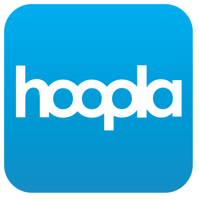 Blue box with white letters spelling hoopla