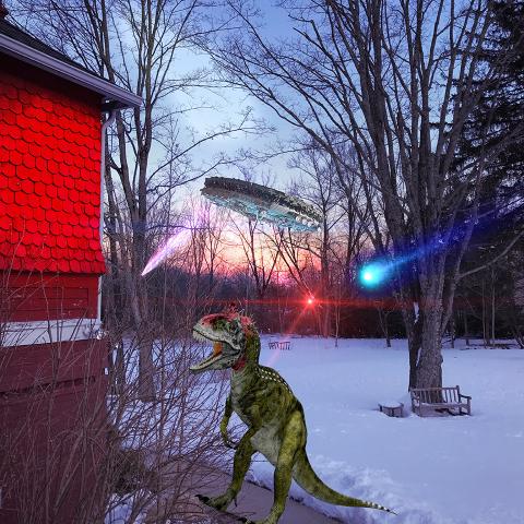 Winter scene edited to include a ufo, dinosaur and laser. 