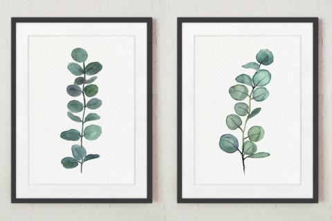 two matching paintings of plants