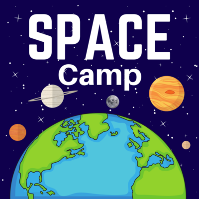 the words Space Camp set in the solar system