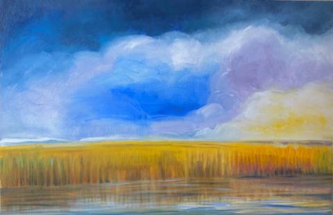 painting of marsh with blue stormy sky