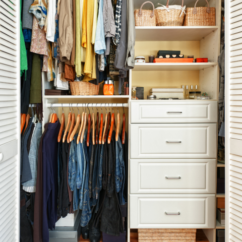 neat closet with shelves and clothes