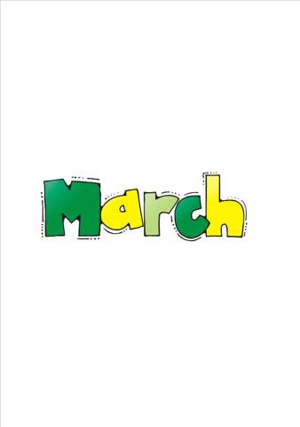 Word March in green and yellow bubble letters