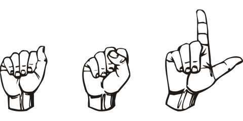 black and white outlines of hands performing the letters A, S, and L. 