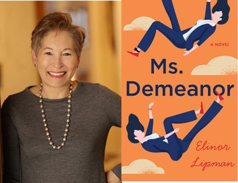 a person with short dirty blonde hair, silver beaded necklace, and a gray shirt against an orange background. They are pictured with a Ms. Demeanor Book Cover