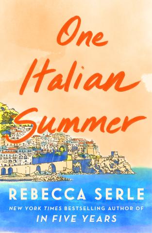 book cover of One Italian Summer, blue water with a image of a coastal town