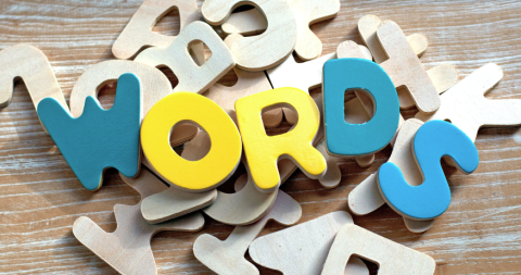 the word "WORDS" spelled out in wooden blocks that have been painted and then laid over unpainted wooden letters on a wooden background