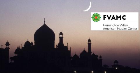 a photo of a building against the dusk/dawn sky with a crescent moon hanging to the right. There is a logo beneath that for the FVAMC that has a white background