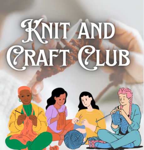 several illustrated avatars knitting with in front of a graphic of a person knitting with stylized text that says knit and craft club