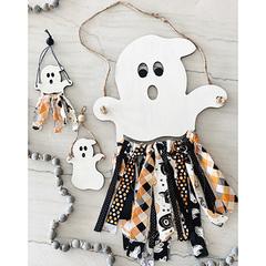 Ghost decoration with Halloween fabric strips tied to bottom