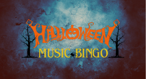 Halloween Music Bingo in two stylized font against a fog background