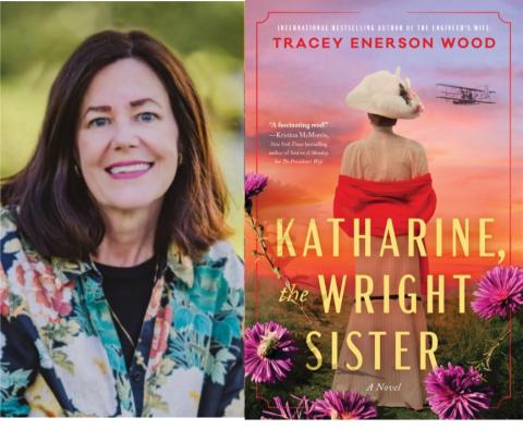 A person with shoulder length dark brown hair and blue eyes. She is wearing a flower jacket with a black shirt underneath. Beside her is the cover of the book Katherine, The wright sister. 