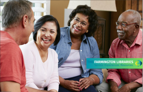 a group of older adults talking with the farmington libraries logo 