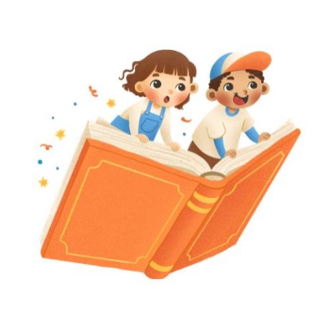 Two children riding a flying book