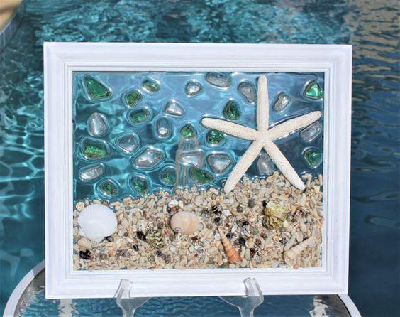 photo frame with shells, sea glass and sand