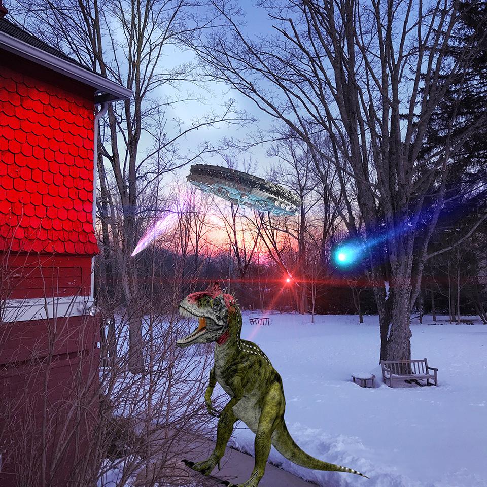 Winter scene edited to include a ufo, dinosaur and laser. 