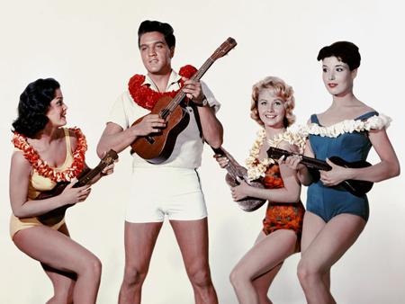 elvis and three women playing ukulele