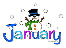 word january with a snowman wearing a green scarf and a black hat