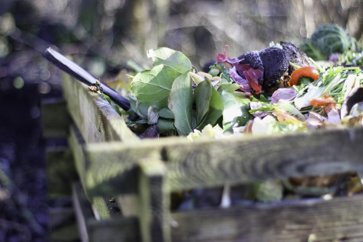 a composting pile in a wooden crate with a tool sticking out of it