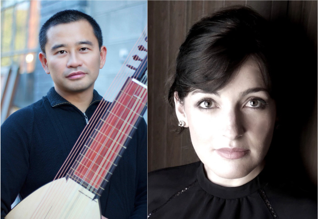 two people side by side, different photos. The one on the left is a man holding an stringed instrument looking into the camera with a soft expression. The one on the right is a woman who is looking into the camera on a dark brown background and dark brown hair. 